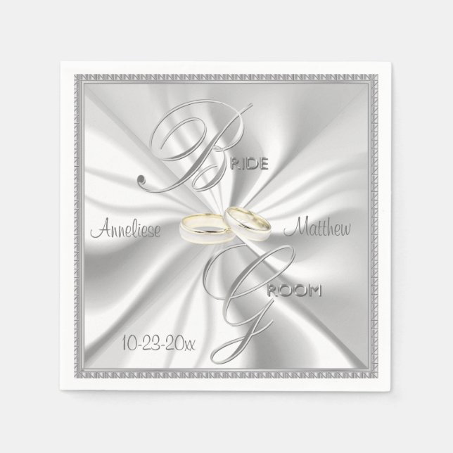 Serviettes En Papier Mariage en argent et en satin blanc (Devant)