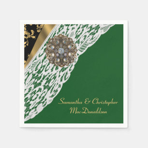 Serviettes En Papier Mariage en dentelle verte noire et or blanc