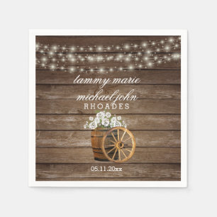 Serviettes En Papier Mariage en tonneau rustique en bois avec fleurs bl