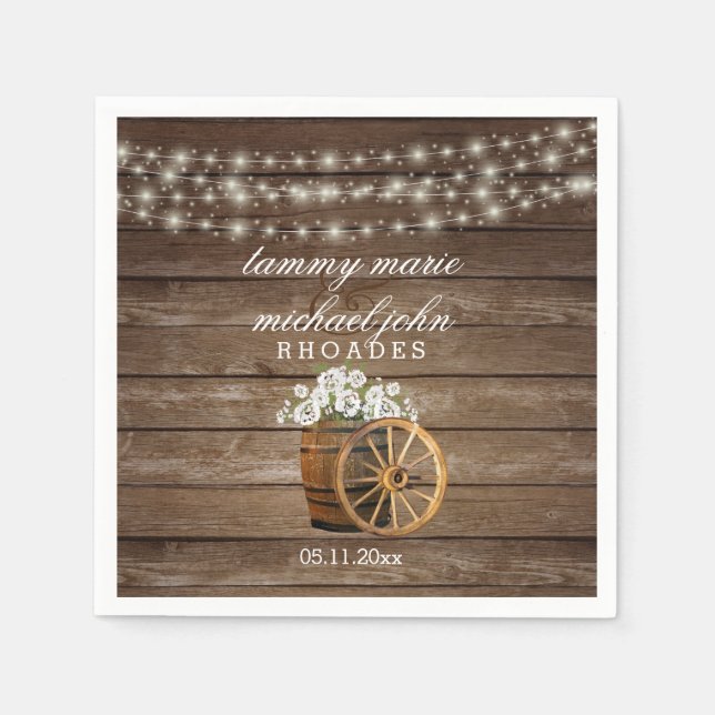 Serviettes En Papier Mariage en tonneau rustique en bois avec fleurs bl (Devant)