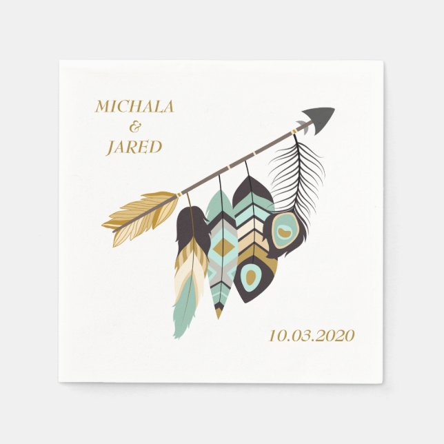 Serviettes En Papier Mariage Flèche en plumes turquoises (Devant)