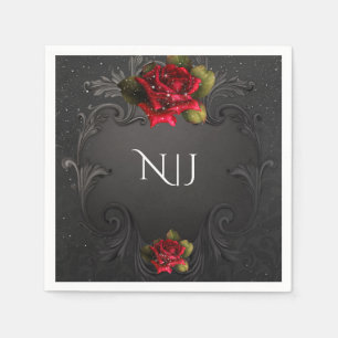 Serviettes En Papier Mariage Fleurs Rouge Ornementales Vintage Noir