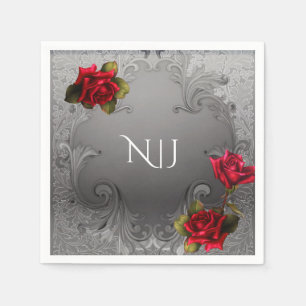 Serviettes En Papier Mariage Fleurs Rouges Ornementales Vintage Argenté