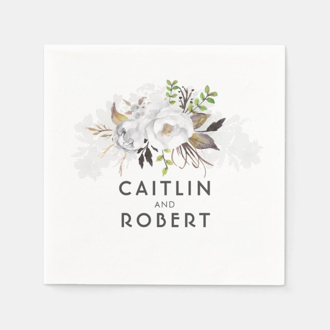 Serviettes En Papier Mariage floral blanc élégant (Devant)