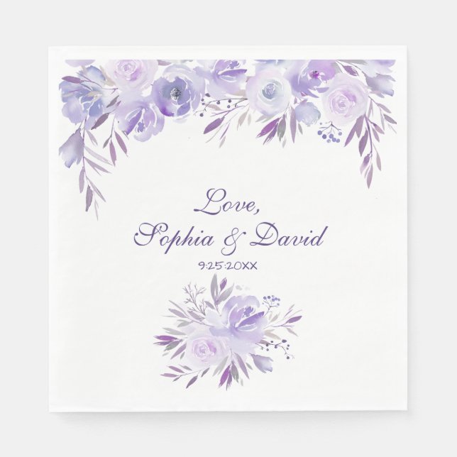Serviettes En Papier Mariage Floral bleu clair pourpre (Devant)