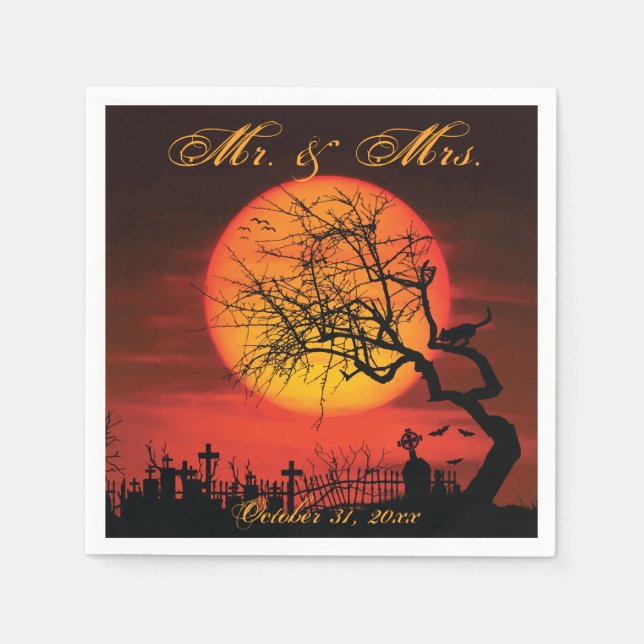 Serviettes En Papier Mariage Halloween Noir Et Orange (Devant)