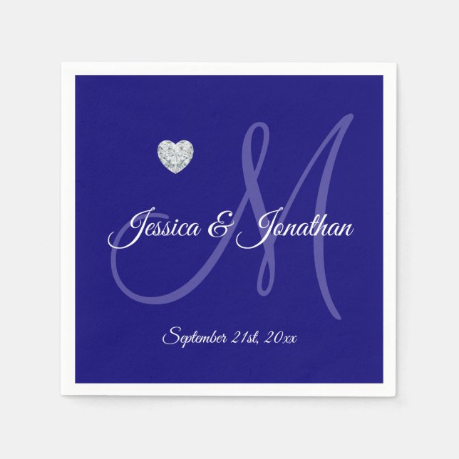 Serviettes En Papier Mariage monogramme de coeur BLEU de MARINE personn (Devant)