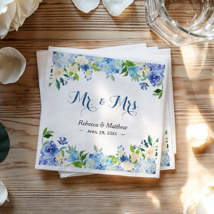 Serviettes En Papier Mariage Mr & Mrs Floral Aquarelle Hortensia Bleu