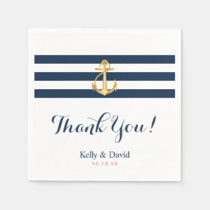 Serviettes En Papier Mariage nautique Ancre d'or Marine Bleu Stripes