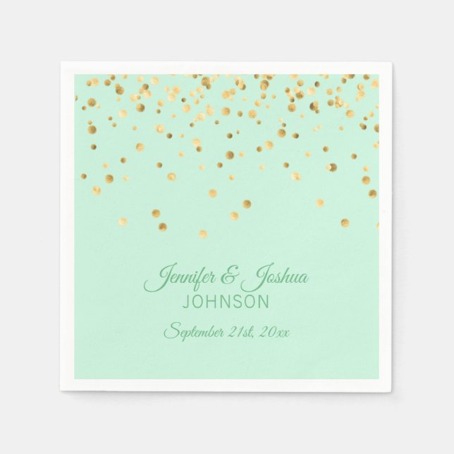 Serviettes En Papier Mariage personnalisé MINT vert or Confetti (Devant)