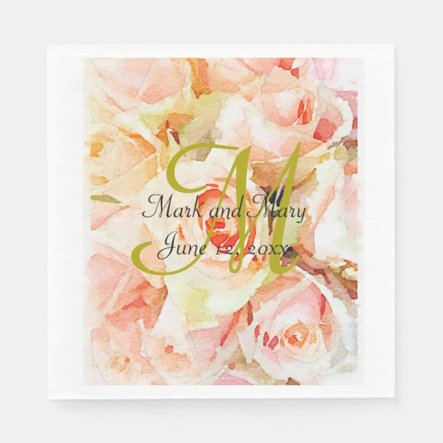 Serviettes En Papier Mariage Rose d'aquarelle personnalisée (Devant)
