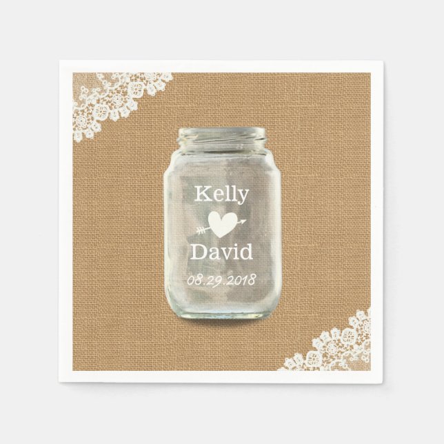 Serviettes En Papier Mariage rustique Mason Jar Burlap & Lace (Devant)