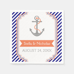 Serviettes En Papier Marine bleu, ancre de corail blanc mariage nautiqu