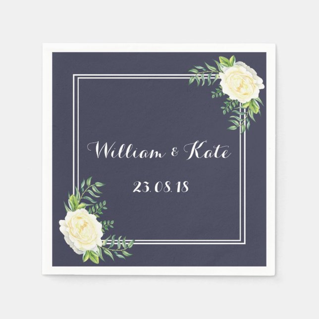 Serviettes En Papier Marine bleu ivoire Chic Rose mariage serviettes (Devant)