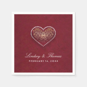 Serviettes En Papier Maroon Rouge Or & Blanc Floral Mariage Coeur