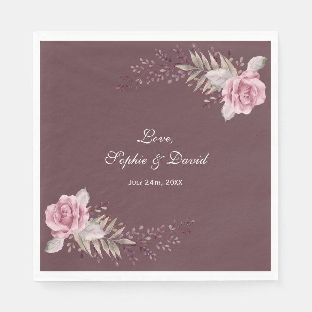 Serviettes En Papier Marsala Maroon Floral Aquarelle Mariage (Devant)