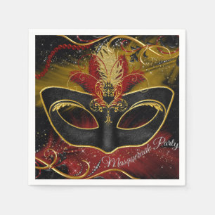 Serviettes En Papier Masque à plumes rouge et or scintillant Serviette