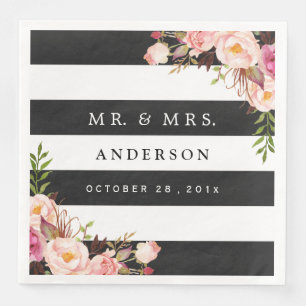 Serviettes En Papier Moderne Vintage Floral Noir Blancs Mariage