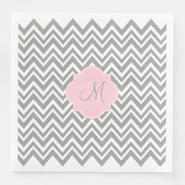Serviettes En Papier Monogram Grey et blanc Chevron avec Pastel Pink (Devant)