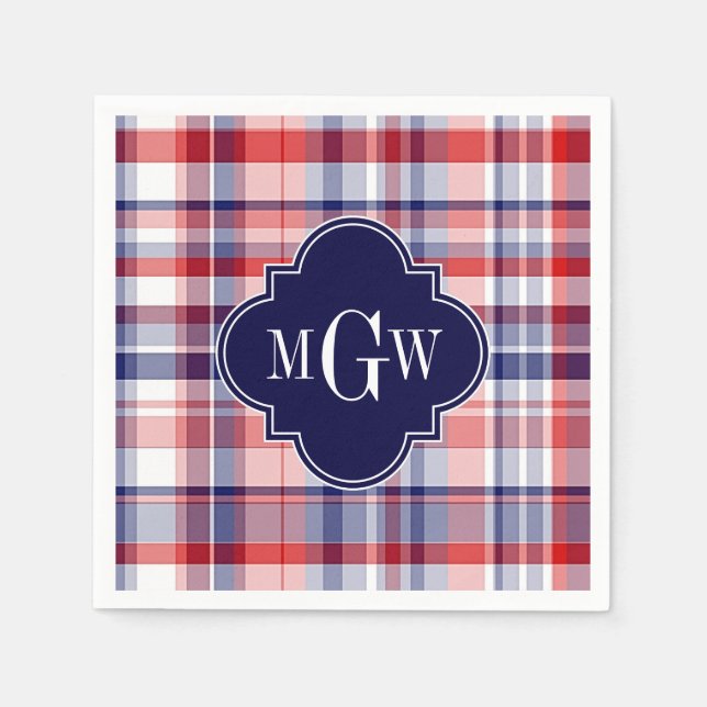 Serviettes En Papier Monograme de Red White Blue Preppy Madras (Devant)