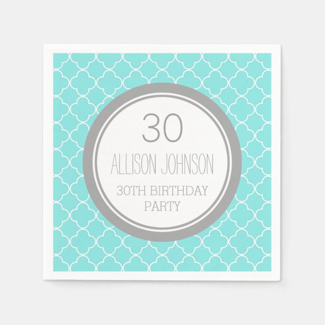 Serviettes En Papier Monogramme 30e anniversaire Napkin Aqua Quatrefoil (Devant)