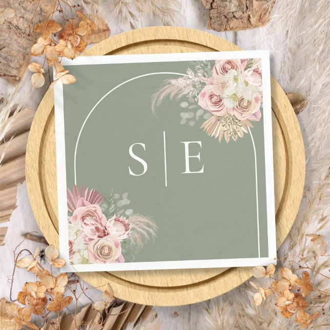 Serviettes en papier monogramme à arche en herbe d (Boho Sage Green Pampas Grass Arch Monogram Napkins)