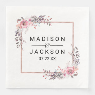 Serviettes En Papier Monogramme de Mariage floral encadré d'or blanc et