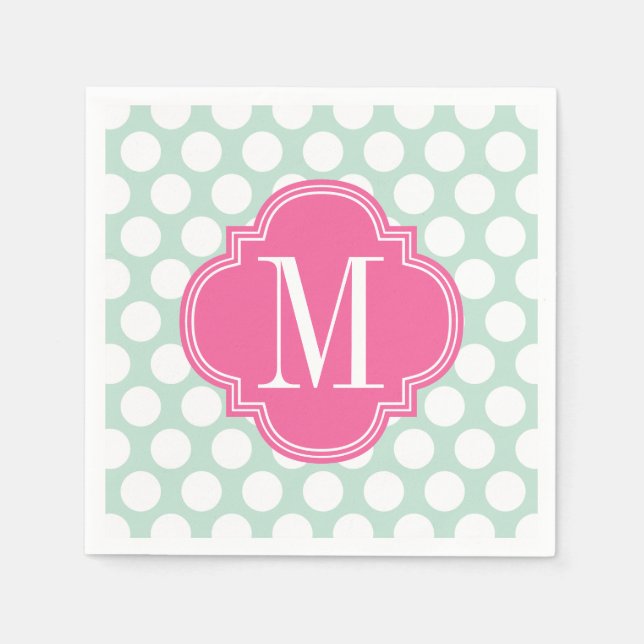 Serviettes En Papier Monogramme de menthe chic et grands points roses (Devant)