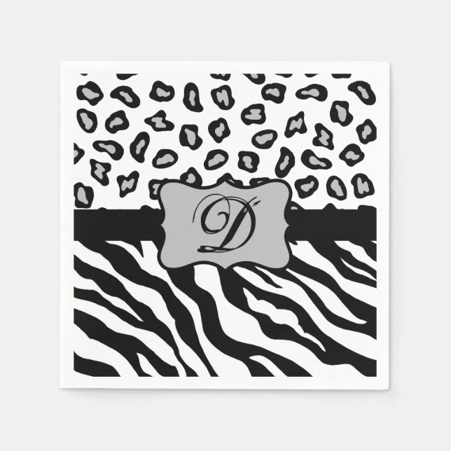 Serviettes En Papier Monogramme de peau de léopard blanc noir (Devant)