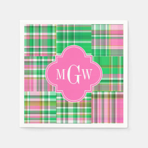 Serviettes En Papier Monogramme Emerald Hot rose Preppwork Madras