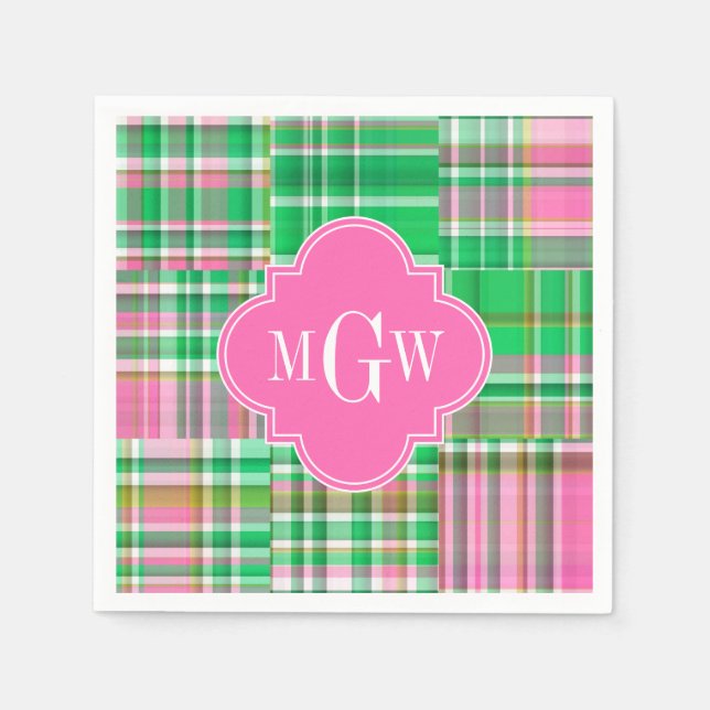 Serviettes En Papier Monogramme Emerald Hot rose Preppwork Madras (Devant)