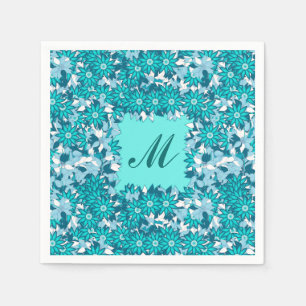 Serviettes En Papier Monogramme encadré de fleurs - bleu et blanc