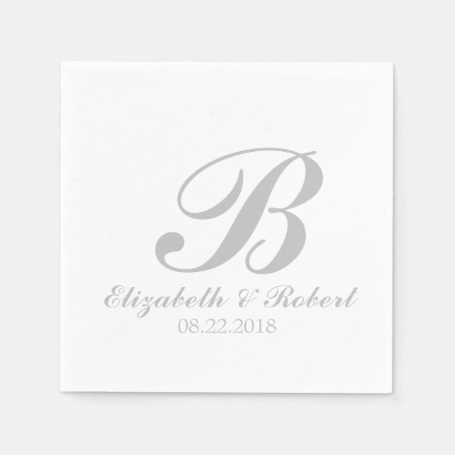 Serviettes En Papier Monogramme Mariage blanc Sliver Grey (Devant)