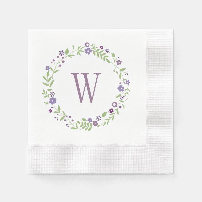 Serviettes En Papier Monogramme Mariage de germe vert violet rustique (Devant)