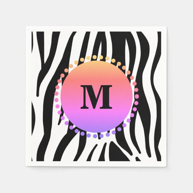 Serviettes En Papier Monogramme personnalisé de bande noire Zèbre (Devant)