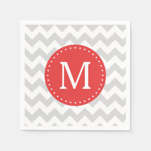 Serviettes En Papier Monogramme personnalisé gris et rouge Chevron