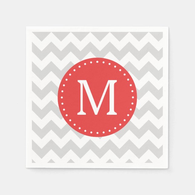Serviettes En Papier Monogramme personnalisé gris et rouge Chevron (Devant)
