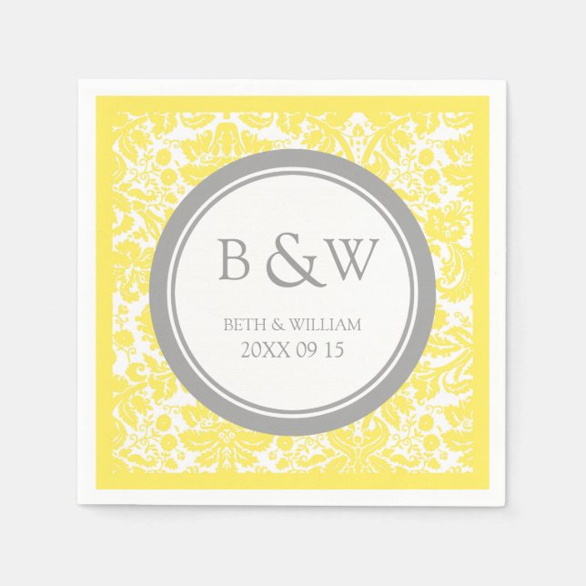 Serviettes En Papier Monogramme personnalisé Mariage Napkin jaune gris  (Devant)
