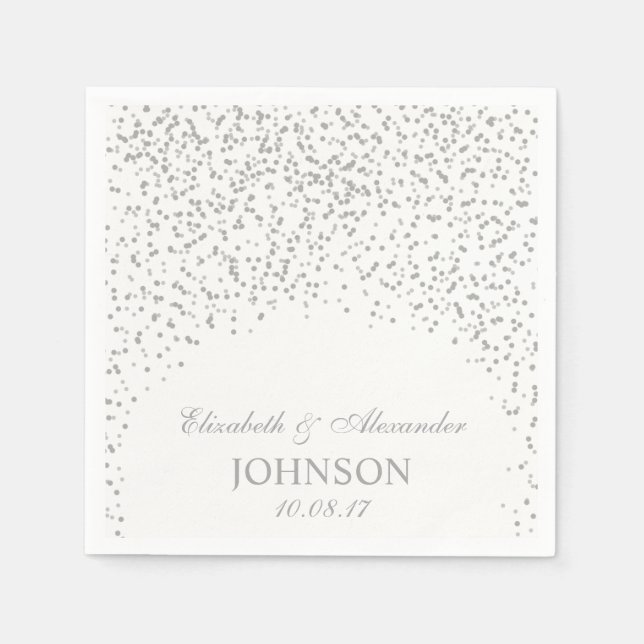 Serviettes En Papier Motif Confetti en gris argenté et Mariage blanc (Devant)