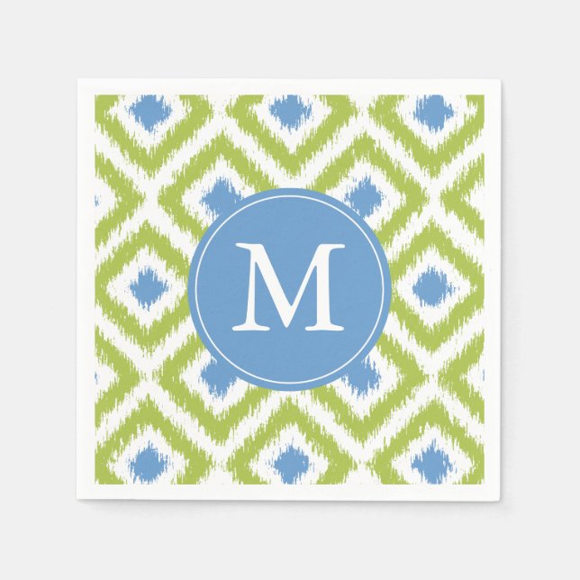 Serviettes En Papier Motif de diamants d'Ikat vert et bleu monogramme (Devant)