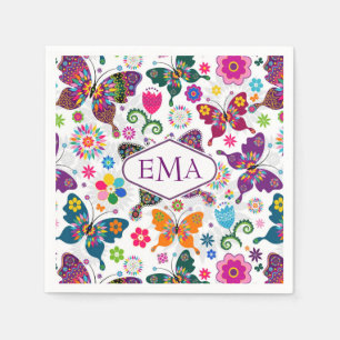 Serviettes En Papier Motif Monogramme de papillons colorés et de fleurs