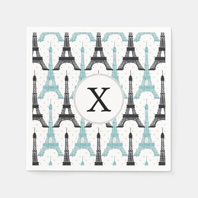 Serviettes En Papier Motif tour Monogram Aqua Chic Eiffel (Devant)