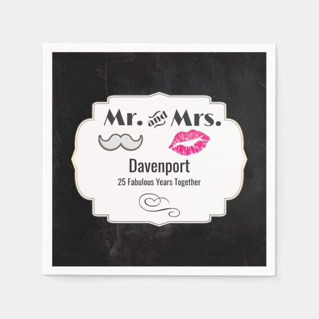 Serviettes En Papier Moustache & Lèvres M. & Mme - Anniversaire (Devant)