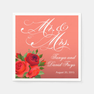 Serviettes En Papier Mr & Mrs Script Typographie Roses corail floral