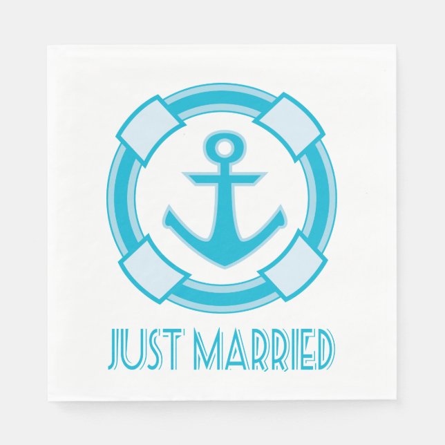 Serviettes En Papier Nautical Juste Marié Blue Turqoise Mariage Ancre (Devant)