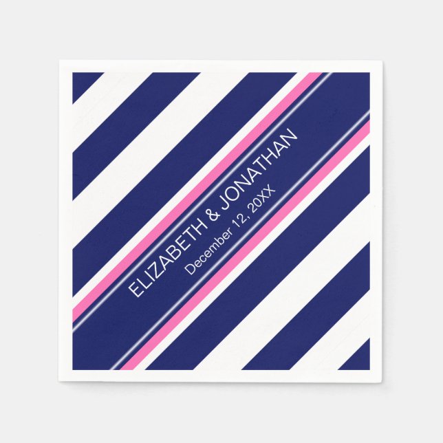 Serviettes En Papier Navy Blue Wht Horiz Stripe Hot Pink Nom Monogramme (Devant)