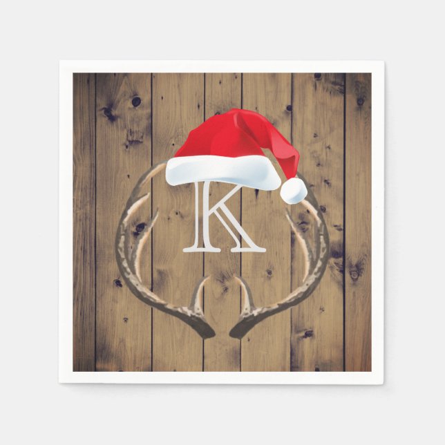 Serviettes En Papier Noël Santa Hat Reindeer Antlers Monogramme (Devant)