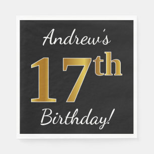 Serviettes En Papier Noir, Faux Or 17ème anniversaire + Nom personnalis