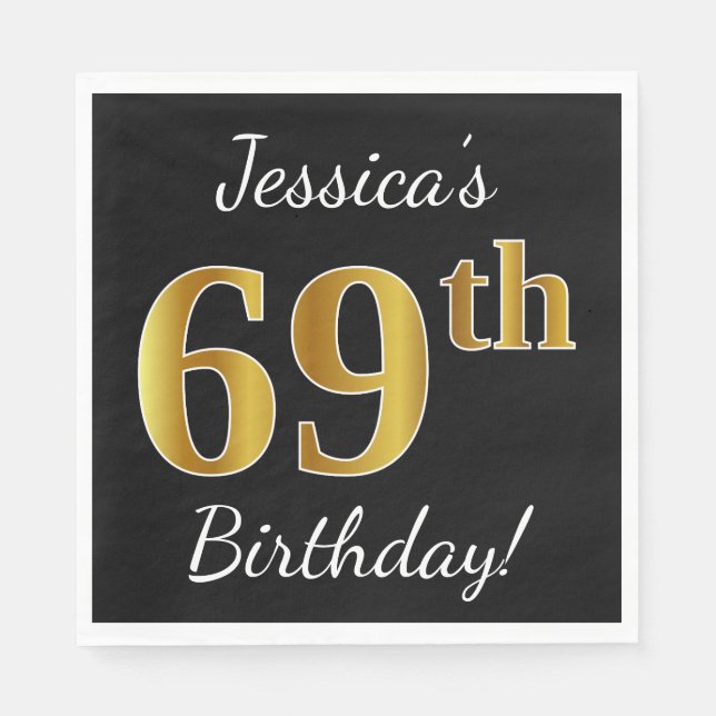 Serviettes En Papier Noir, Faux Or 69e anniversaire + Nom personnalisé (Devant)