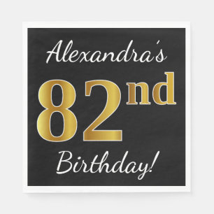 Serviettes En Papier Noir, Faux Or 82e anniversaire + Nom personnalisé